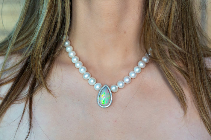 Opal Teardrop & Diamonds Center Necklace