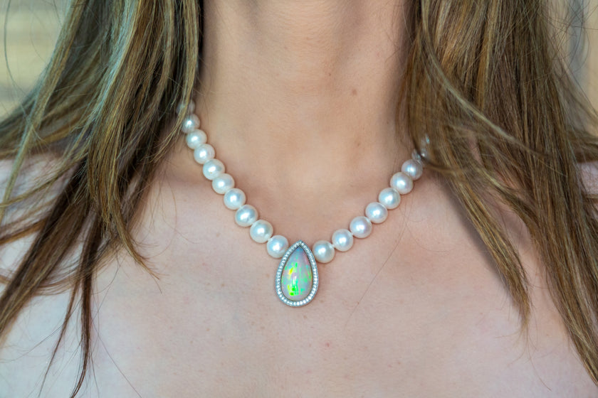 Opal Teardrop & Diamonds Center Necklace