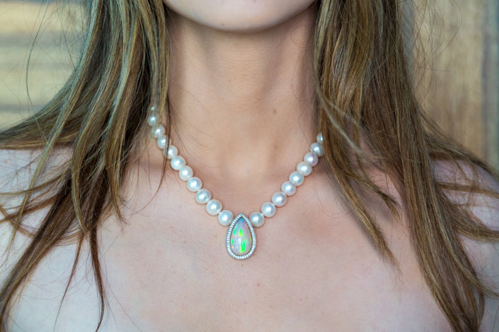 Opal Teardrop & Diamonds Center Necklace