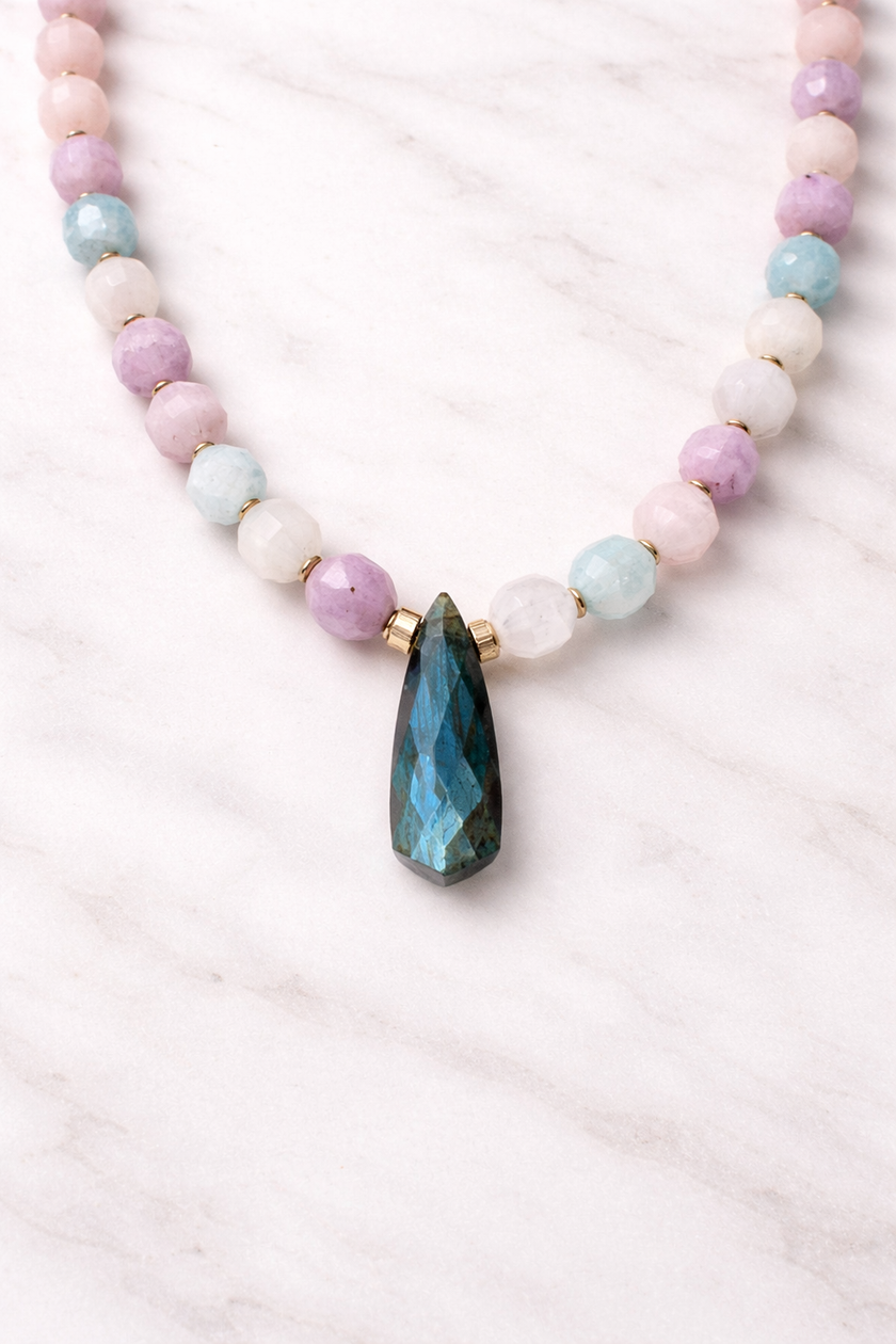 Labradorite center and Aquamarine, Rose Quartz and Amethyst Lariat Necklace