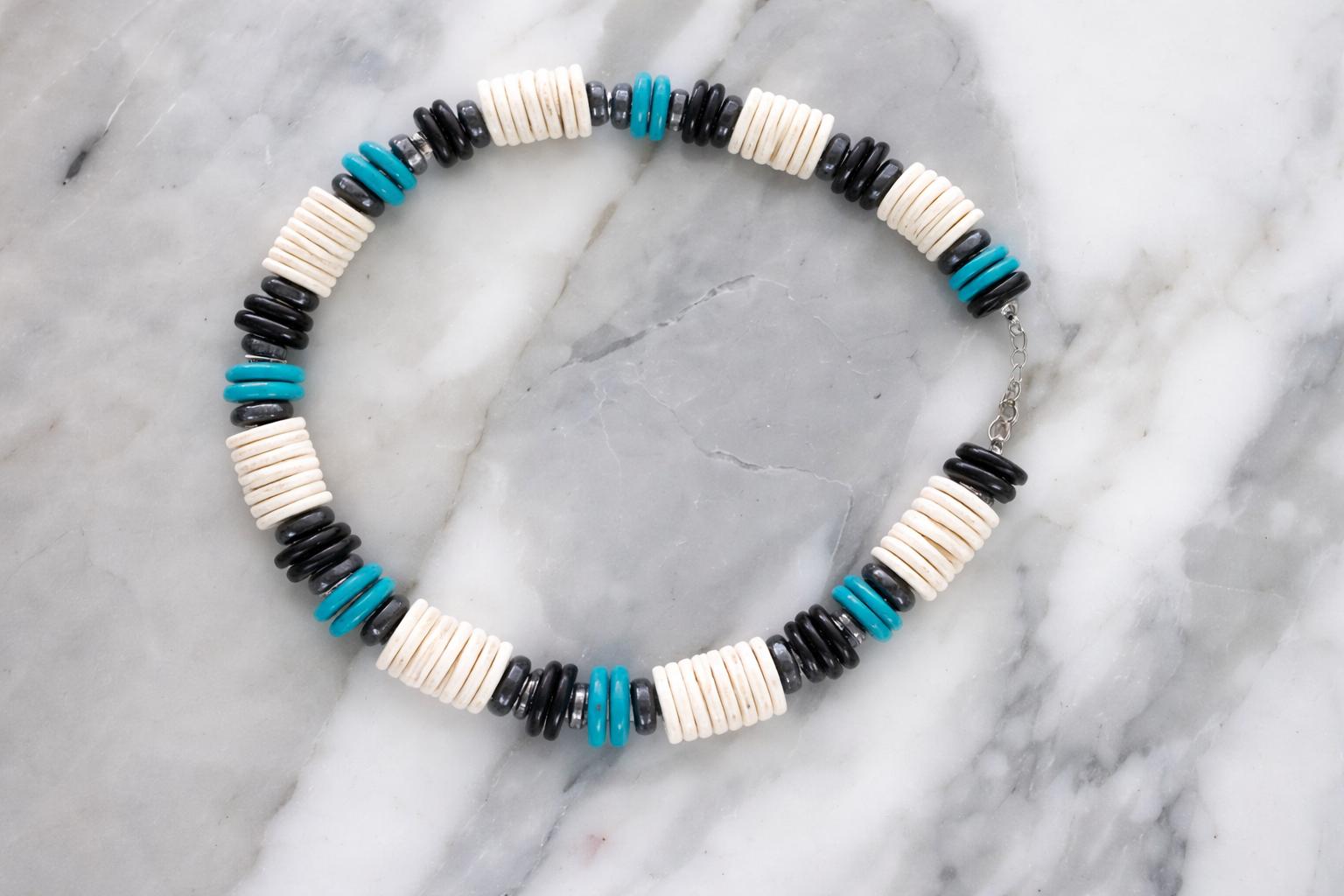 White, Silver and Turquoise Heishi Necklace
