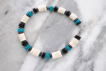 White, Silver and Turquoise Heishi Necklace