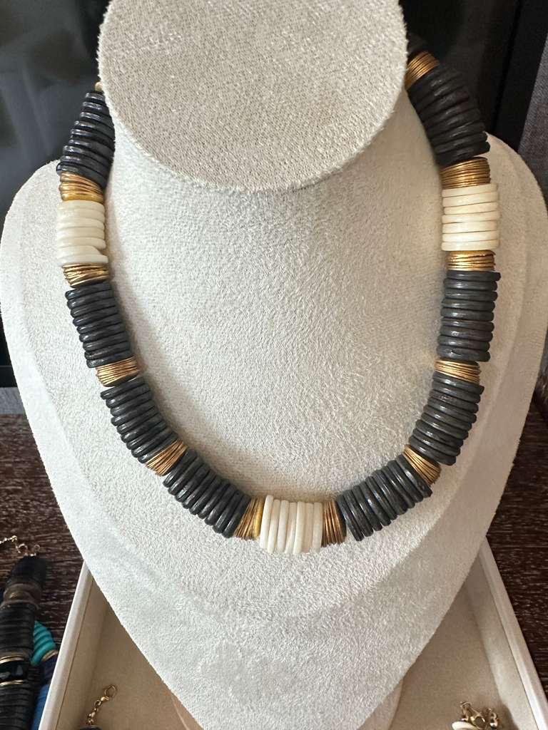 White, Black and Gold Heishi Necklace