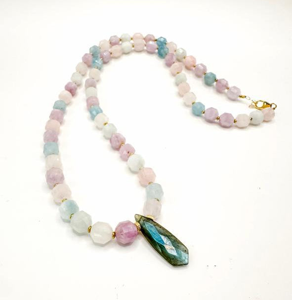 Labradorite center and Aquamarine, Rose Quartz and Amethyst Lariat Necklace