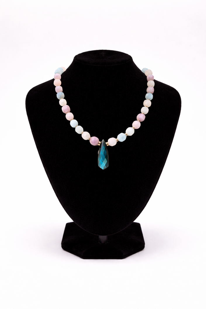 Labradorite center and Aquamarine, Rose Quartz and Amethyst Lariat Necklace