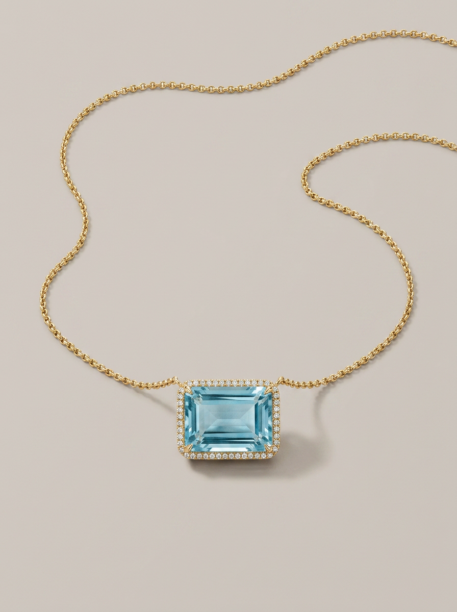 Aquamarine Center Rectangle Diamond Necklace